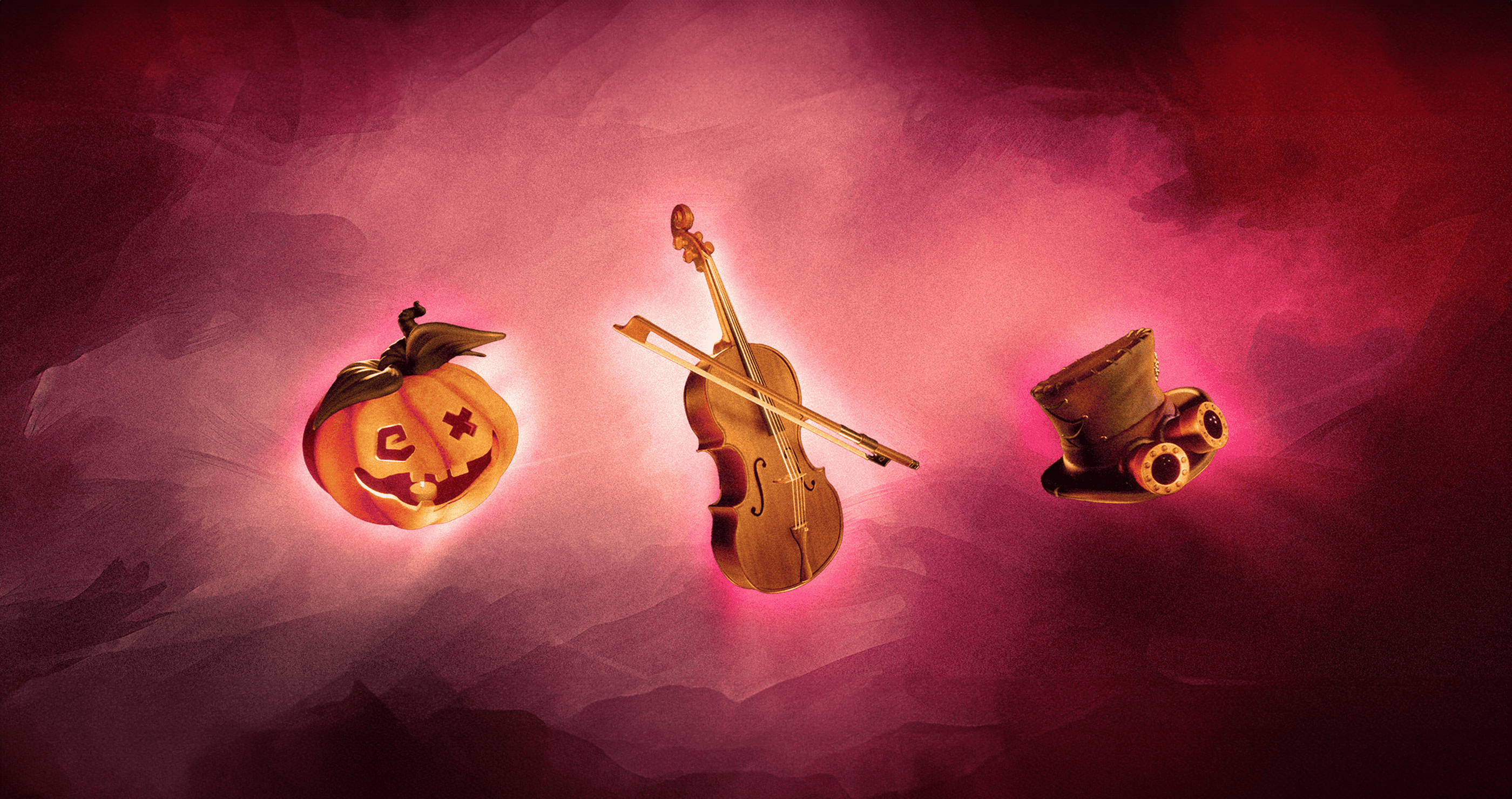 Bannière d'une citrouille, d'un violon et d'un chapeau steampunk modélisés en 3D