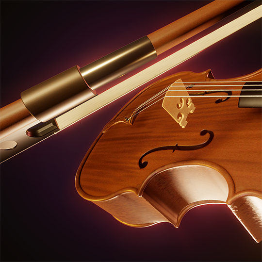 Gros plan sur le chevalet et l'archet du violon