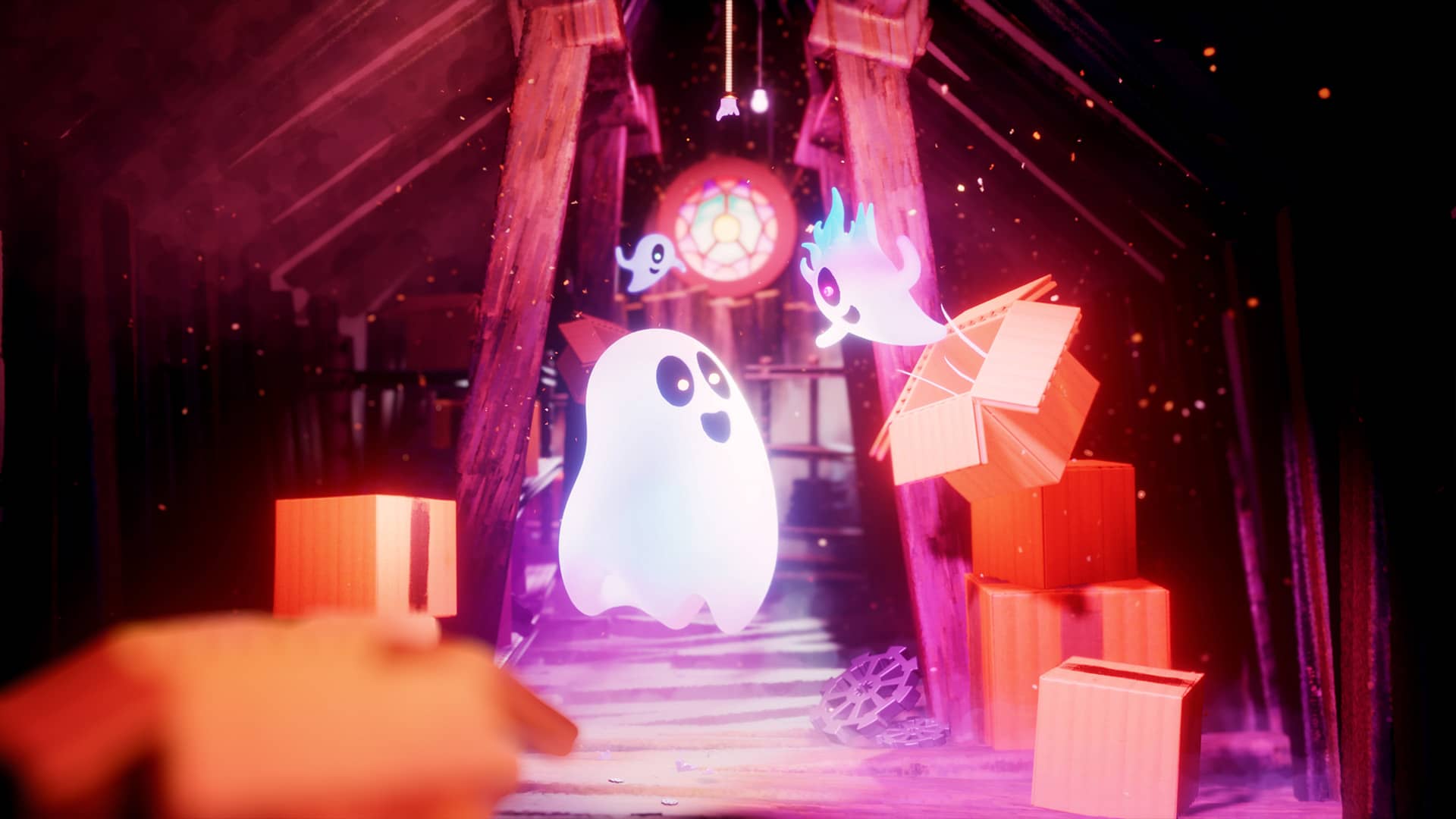 3 fantômes heureux jouent à cache-cache dans un grenier