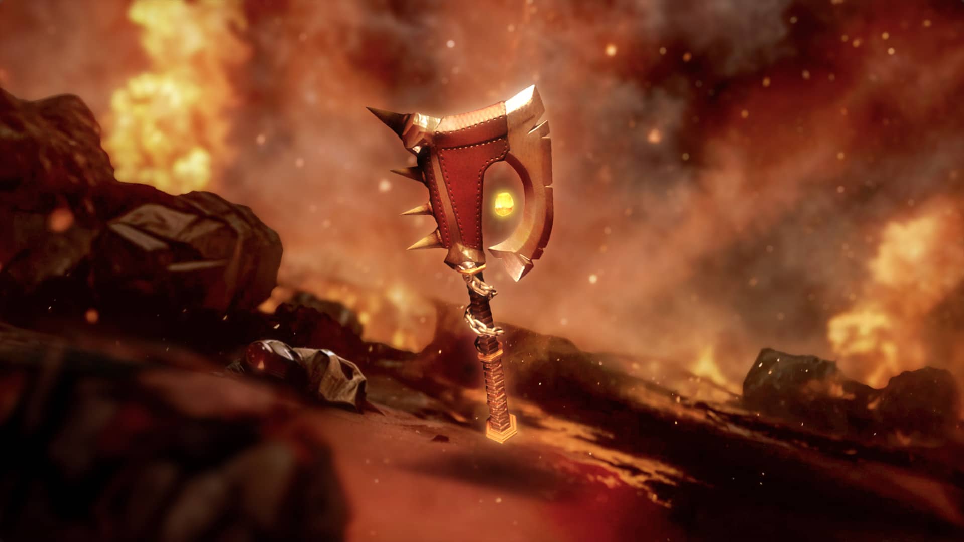 Un hâche de guerre magique est suspendue dans les airs au milieu d'un champ de bataille en feu