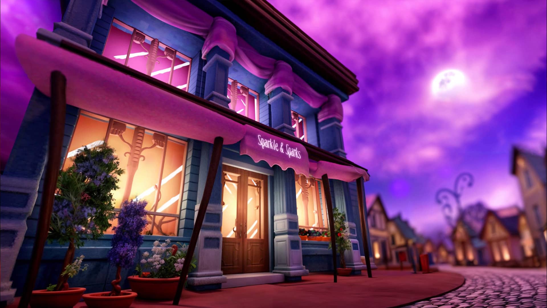 Façade d'une boutique magique dans une rue éclairée par la pleine lune