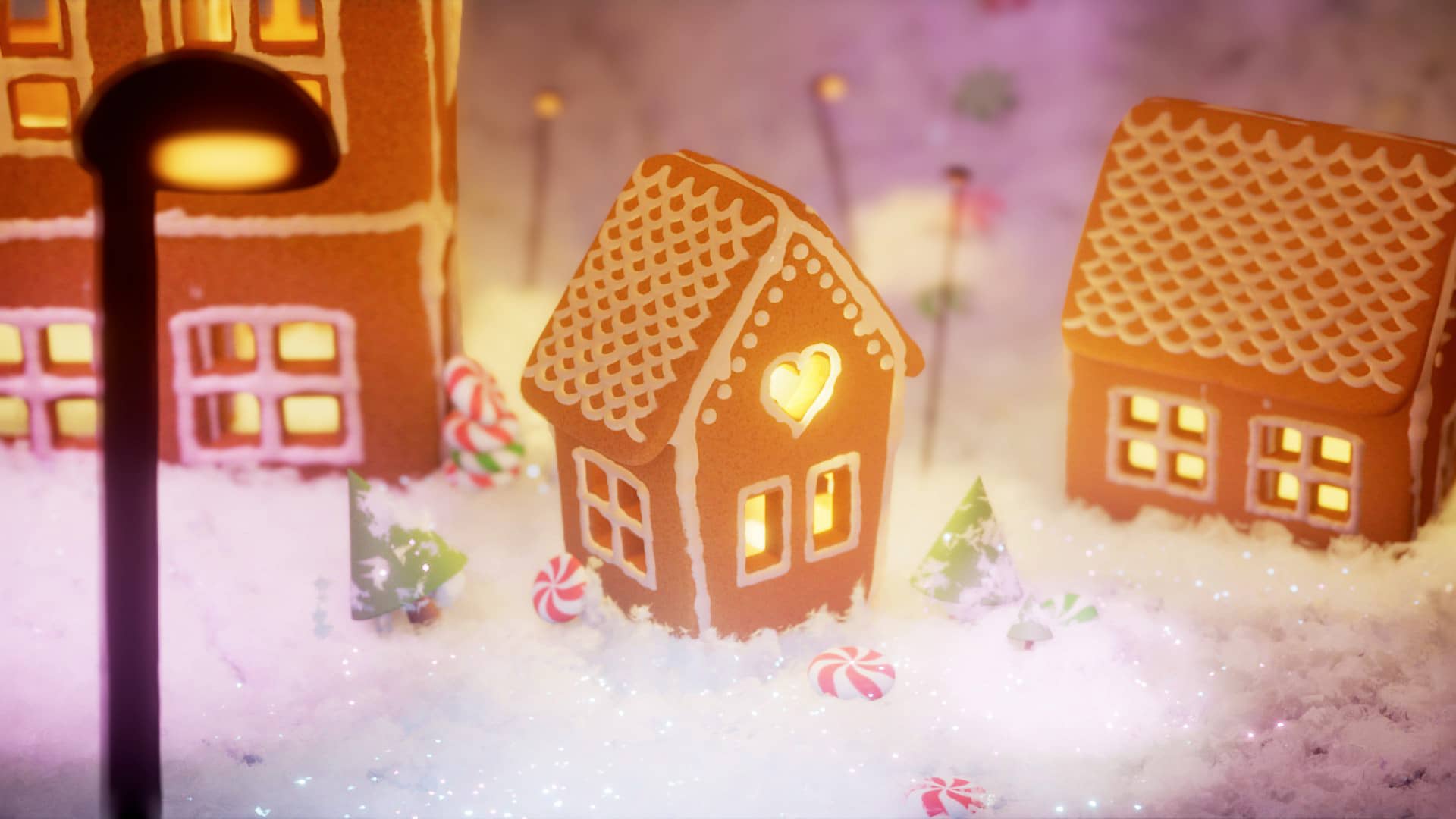 Village miniature en pain d'épice dans la neige