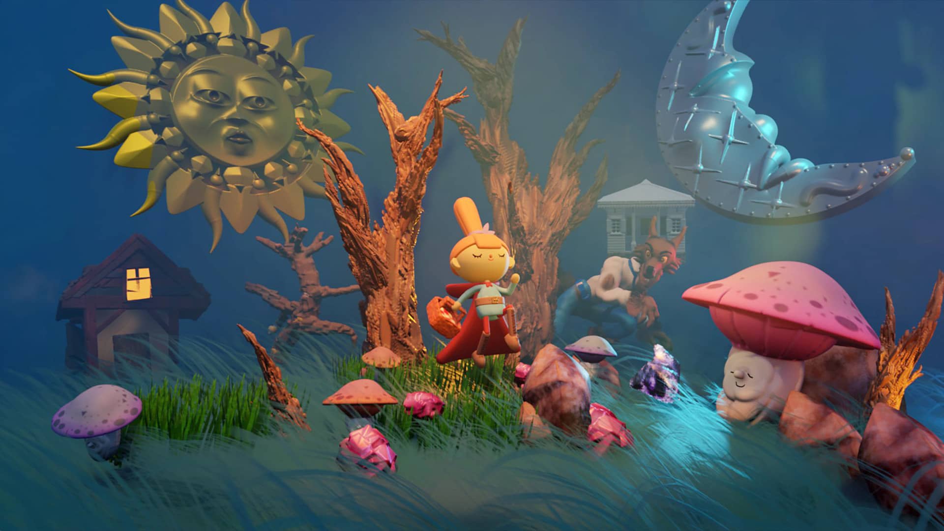 Le Petit Chaperon Rouge gambade dans la forêt