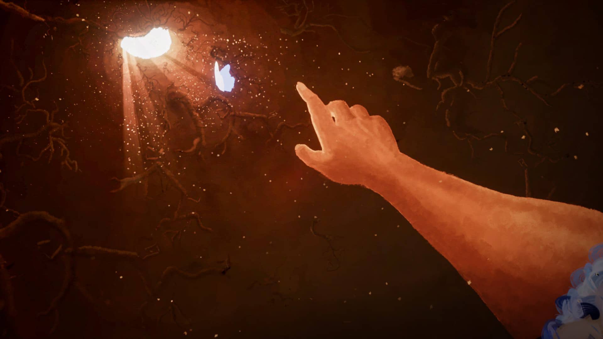 Une main est tendue vers la sortie d'un giganteste trou de terrier. Un papillon brillant la guide vers la sortie