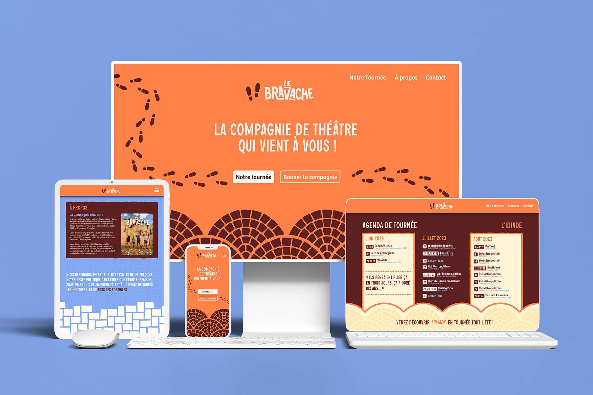 Mise en situation du site web de la Compagnie Bravache sur divers supports média