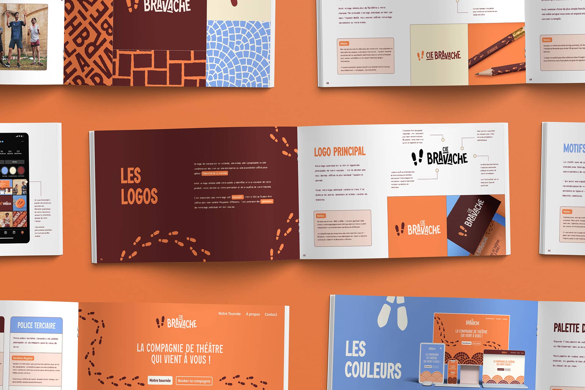 De nombreux dossiers de présentation ouverts à différentes pages de l'identité visuelle du projet Compagnie Bravache
