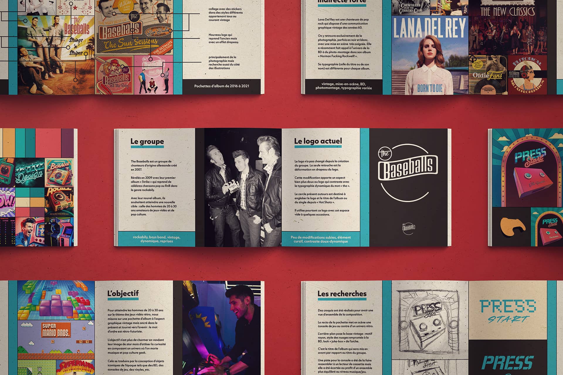 De nombreux dossiers de recherche et stratégie ouverts à différentes pages pour le projet Press Start!