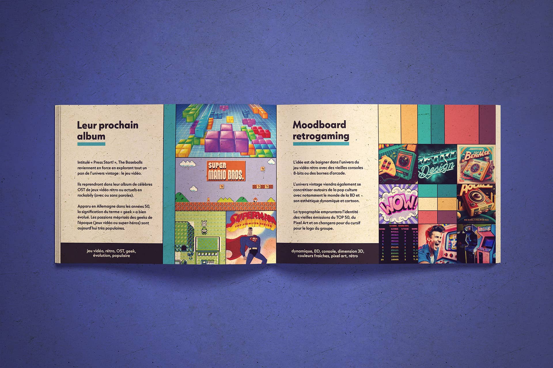 Dossier de recherche ouvert à la page du moodboard retrogaming
